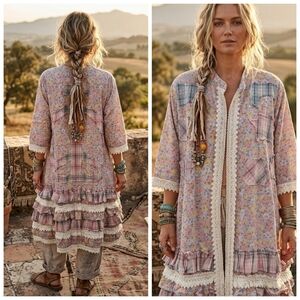 Boho Crochet Trim Floral Pink Peace Duster